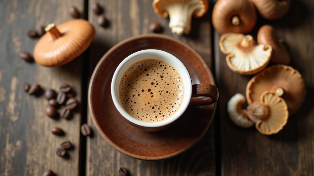 A warm cup of mushroom coffee on a rustic table next to dried medicinal mushrooms and scattered coffee beans.